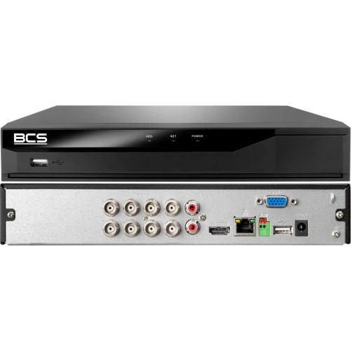 Rejestrator BCS z czarnym panelem przednim, wyposażony w port USB i diody sygnalizacyjne. Tylny panel zawiera różnorodne złącza, w tym BNC, HDMI, VGA, Ethernet oraz porty audio.