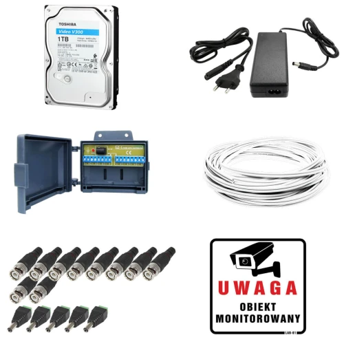 Zestaw monitoringu składający się z dysku twardego Toshiba 1TB, zasilacza, przewodów, złączek BNC, puszki przyłączeniowej oraz tabliczki informacyjnej "Uwaga obiekt monitorowany". Produkty są rozmieszczone na białym tle, prezentując pełen komplet niezbędny do instalacji systemu monitoringu.