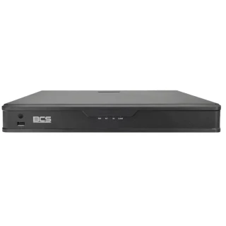 Rejestrator IP BCS P NVR1602 to kompaktowe urządzenie w czarnym kolorze z logo BCS po lewej stronie. Na przednim panelu znajduje się port USB oraz diody sygnalizacyjne RUN, NET i CLOUD.