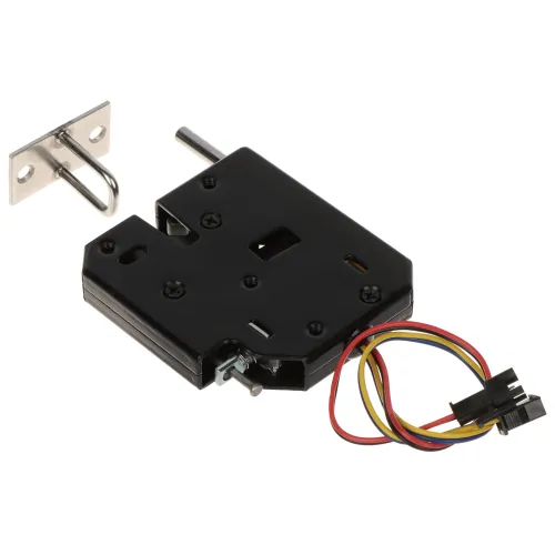 Na zdjęciu znajduje się czarny zamek elektromagnetyczny z widocznymi kolorowymi przewodami oraz metalowym uchwytem montażowym. Zamek ma prostokątny kształt i kilka otworów montażowych.