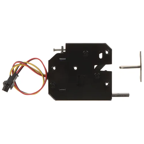 Czarny mechanizm zamka z kilkoma otworami montażowymi i kolorowymi przewodami zakończonymi wtyczką. Po prawej stronie widoczne są dwa metalowe bolce.