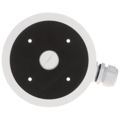Okrągła, biała podstawa montażowa z czarnym środkiem i czterema otworami na śruby. Po prawej stronie znajduje się złącze kablowe.
