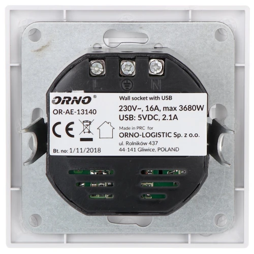 Jednoduchá zásuvka s USB adaptérom OR-AE-13140 230V 16A ORNO