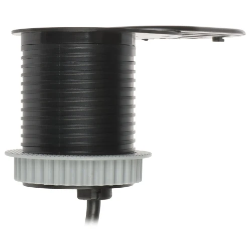Czarny, cylindryczny mechanizm z szarym pierścieniem i wystającym kablem, widoczny z boku. Górna część jest płaska i wystaje poza obrys cylindra.
