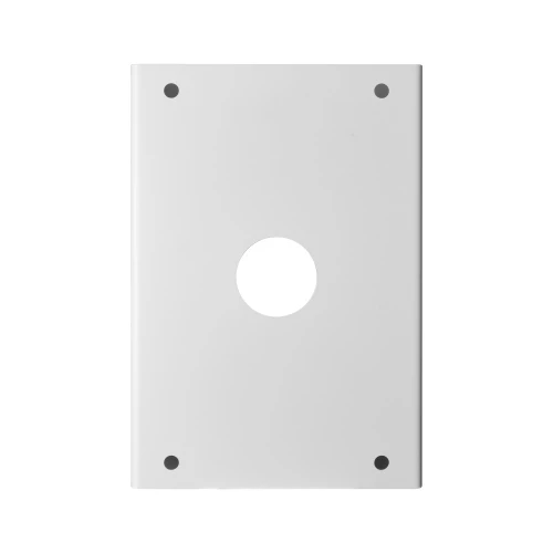 Prostokątny, biały adapter słupowy z centralnym otworem i czterema mniejszymi otworami w rogach. Produkt wykonany z metalu, przeznaczony do montażu puszki.