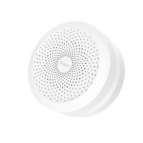 Na zdjęciu znajduje się biały, okrągły czujnik Aqara z perforowaną powierzchnią i logo pośrodku. Urządzenie ma minimalistyczny design i jest widoczne na białym tle.