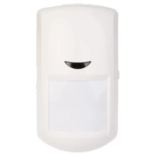 Biała, bezprzewodowa czujka PIR z prostokątnym sensorem na dole i małym, czarnym elementem powyżej. Urządzenie ma zaokrąglone krawędzie i jest przeznaczone do montażu na ścianie.