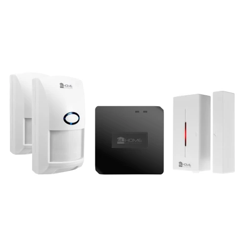 Bezprzewodowy system alarmowy EL Home WAS-90H1 składający się z bramki WiFi, dwóch czujników ruchu i kontaktronu. Urządzenia są w kolorze białym z czarnymi i niebieskimi akcentami.