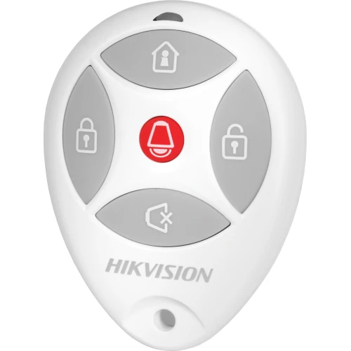 Bezprzewodowy pilot do systemu alarmowego Hikvision w kształcie kropli, z czterema przyciskami funkcyjnymi w kolorze szarym i czerwonym. Przyciski oznaczone są ikonami domu, kłódki, dzwonka alarmowego i przekreślonego dzwonka.