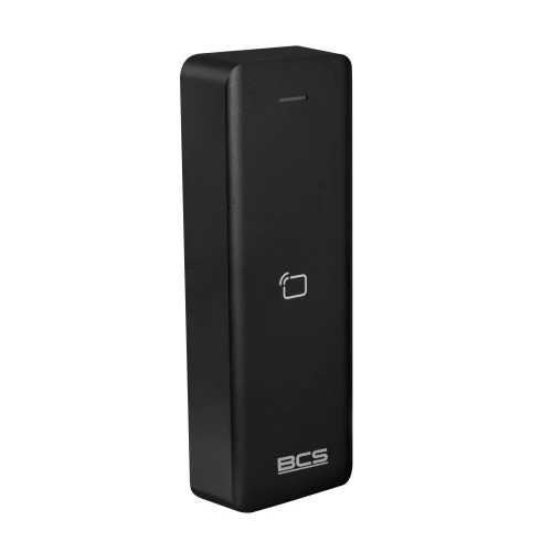 Czarny, prostokątny czytnik kart zbliżeniowych z logo BCS na dole. Na środku znajduje się ikona karty zbliżeniowej.