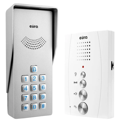 Zestaw domofonowy Eura ADP-38A3 składa się z zewnętrznego panelu z klawiaturą numeryczną i wewnętrznego modułu z trzema przyciskami funkcyjnymi. Oba elementy mają nowoczesny, minimalistyczny design w kolorze srebrnym i białym.