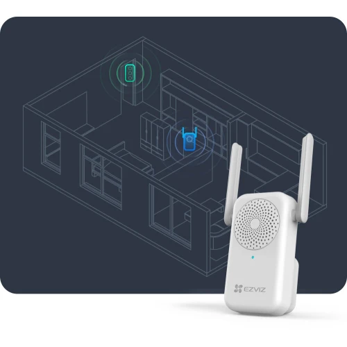 Na zdjęciu znajduje się biały dzwonek wewnętrzny marki EZVIZ z dwoma antenami, umieszczony na tle schematu pomieszczenia z zaznaczonymi miejscami instalacji. Produkt jest przeznaczony do użytku wewnętrznego i służy do sygnalizacji dźwiękowej.