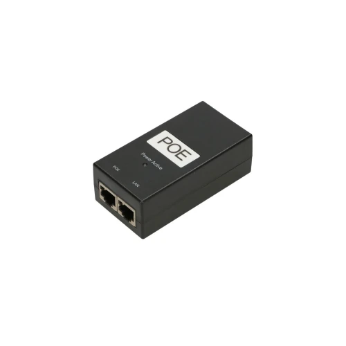 Na zdjęciu znajduje się czarny adapter PoE z dwoma portami oznaczonymi jako "POE" i "LAN". Na górnej części urządzenia widnieje napis "POE Power Active".