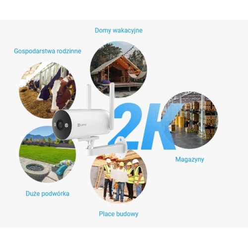 Na zdjęciu znajduje się kamera monitorująca EZVIZ H5 4G Smart, otoczona pięcioma okrągłymi zdjęciami przedstawiającymi różne miejsca zastosowania: domy wakacyjne, gospodarstwa rodzinne, magazyny, duże podwórka i place budowy. W tle widoczny jest duży napis "2K".