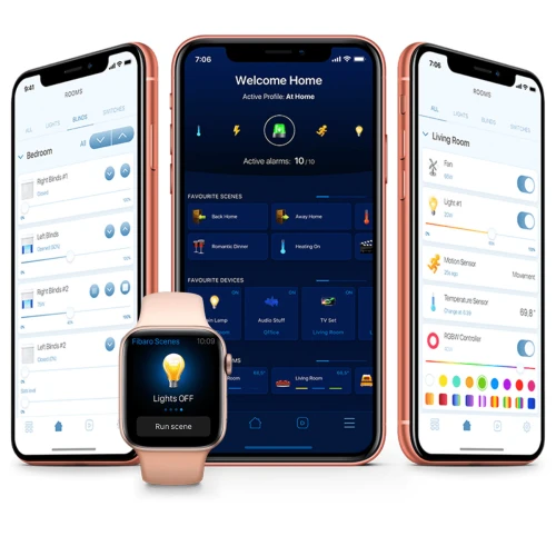 Zdjęcie przedstawia Inteligentny Sterownik Rolet FIBARO Walli Roller Shutter FGWREU-111 zamontowany na ścianie, ukazujący jego elegancki, nowoczesny design z podświetlanym pierścieniem. Produkt jest w kolorze białym, idealnie komponując się z otoczeniem.