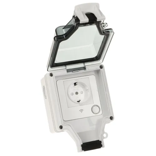 Na zdjęciu znajduje się białe gniazdo elektryczne z klapką ochronną, przeznaczone do użytku zewnętrznego. Gniazdo posiada dodatkowy przycisk i wskaźnik Wi-Fi, co sugeruje funkcje inteligentnego sterowania.