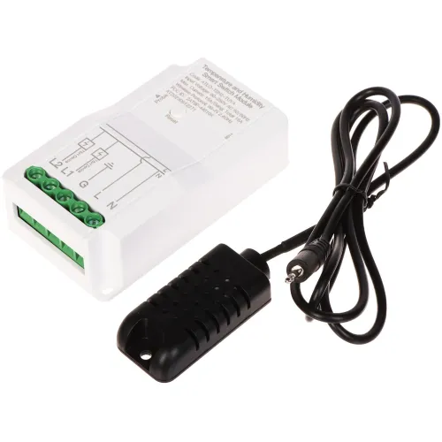 Inteligentny przełącznik z pomiarem temperatury i wilgotności, w białej obudowie z zielonymi złączami, obok czujnik z czarnym kablem. Produkt przeznaczony do integracji z systemem Tuya.