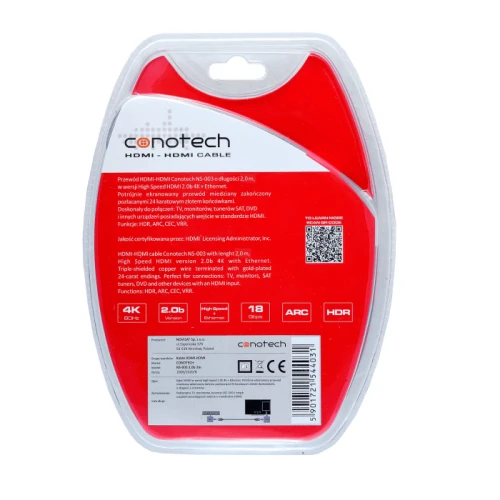 Opakowanie kabla HDMI marki Conotech w kolorze czerwonym i białym, z widocznymi informacjami o produkcie, takimi jak długość 2 metry, obsługa 4K, ARC i HDR. Na opakowaniu znajduje się również kod QR oraz logo producenta.