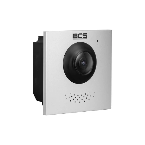 Kwadratowa kamera modułowa BCS w srebrnej obudowie z widocznym obiektywem i otworami na mikrofon. Przeznaczona do systemów monitoringu, posiada minimalistyczny design.