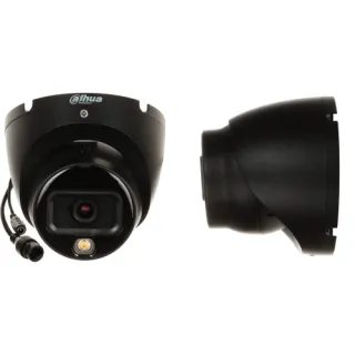 Czarna kamera IP Dahua z obiektywem 2.8 mm, widoczna z przodu i z boku. Kamera posiada złącza kablowe oraz diodę LED pod obiektywem.