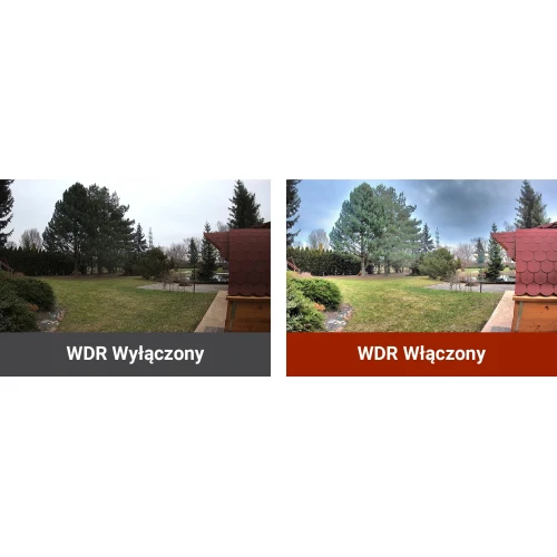 Porównanie dwóch zdjęć ogrodu z dużymi drzewami, pokazujące różnicę w jakości obrazu przy wyłączonym i włączonym trybie WDR. Po lewej stronie obraz jest ciemniejszy, a po prawej jaśniejszy i bardziej szczegółowy.