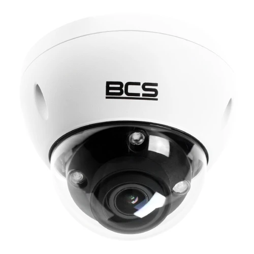 Na zdjęciu znajduje się Kamera kopułowa z audio 8Mpx BCS-DMIP5801AIR-IV, która oferuje transmisję online i streaming SPB. Urządzenie ma elegancki, biały design i jest przeznaczone do monitoringu wizyjnego.