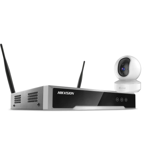 Na zdjęciu znajduje się kamera obrotowa Full HD IP marki EZVIZ oraz rejestrator wideo marki Hikvision. Kamera ma biały, nowoczesny design, a rejestrator jest czarny z widocznymi antenami do komunikacji bezprzewodowej.