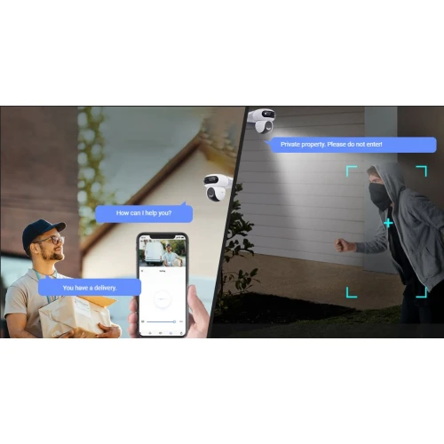 Zdjęcie przedstawia dwie sceny: po lewej stronie mężczyzna z paczką rozmawia przez aplikację na smartfonie z kamerą, a po prawej stronie kamera monitoruje osobę w kapturze na posesji. Obie sceny ilustrują funkcje kamery IP Wi-Fi, takie jak komunikacja i ochrona mienia.