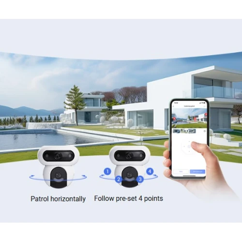 Na zdjęciu widoczna jest kamera obrotowa IP Wi-Fi EZVIZ umieszczona na tle nowoczesnego domu z basenem, a obok niej dłoń trzymająca smartfon z aplikacją do monitoringu. Grafika ilustruje funkcje kamery, takie jak poziomy patrol i śledzenie czterech zaprogramowanych punktów.