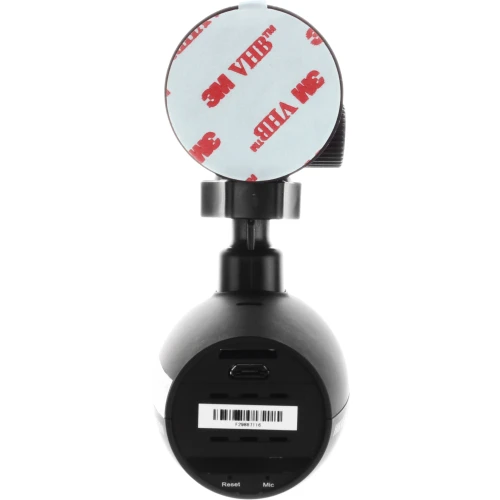 Zdjęcie przedstawia czarną kamerę samochodową z okrągłym uchwytem montażowym, na którym znajduje się taśma samoprzylepna 3M VHB. Kamera posiada porty na karty pamięci oraz złącze USB, a także przyciski reset i mikrofon.