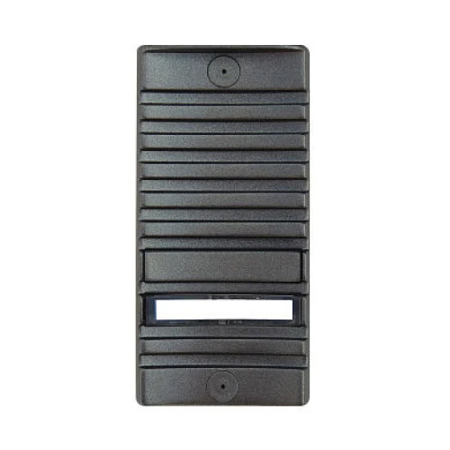 Czarna, prostokątna kaseta natynkowa z poziomymi żłobieniami i miejscem na etykietę. Posiada dwa okrągłe otwory montażowe na górze i na dole.