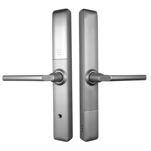 Srebrna klamka z kontrolerem dostępu, wyposażona w panel szyfrowy, przedstawiona z przodu i z tyłu. Produkt ma długi, wąskoprofilowy design.