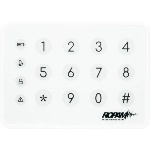 Klawiatura dotykowa strefowa Ropam TK-4W przedstawiona jest na białym tle, ukazując elegancki, minimalistyczny design z wyraźnie oznaczonymi strefami dotykowymi. Produkt posiada nowoczesny wygląd z podświetlanymi przyciskami, co podkreśla jego funkcjonalność i estetykę.