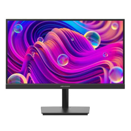 Monitor Hikvision DS-D5022F2 z cienkimi ramkami wyświetla kolorową, abstrakcyjną grafikę z falistymi wzorami i unoszącymi się bańkami. Urządzenie stoi na prostokątnej podstawie, co nadaje mu nowoczesny wygląd.