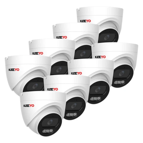 Zestaw ośmiu białych kamer kopułowych marki KeeYo, ułożonych w dwóch rzędach. Kamery mają czarne elementy wokół obiektywów i są przeznaczone do monitoringu.