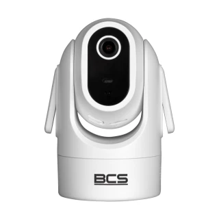Biała, obrotowa kamera wewnętrzna marki BCS z widocznym obiektywem na środku. Kamera ma nowoczesny design i jest przeznaczona do monitoringu wnętrz.