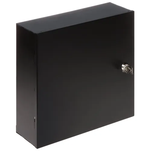Czarna, prostokątna obudowa metalowa z zamkiem na klucz, o wymiarach 300 x 300 x 100 mm. Obudowa ma gładką powierzchnię i jest przeznaczona do montażu na ścianie.