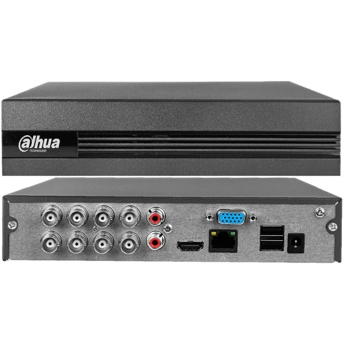 Rejestrator Dahua w kolorze czarnym z przodu posiada logo marki, a z tyłu wyposażony jest w różnorodne porty, w tym HDMI, VGA, USB oraz wejścia BNC. Urządzenie przeznaczone jest do monitoringu wizyjnego, oferując wszechstronne możliwości podłączenia.