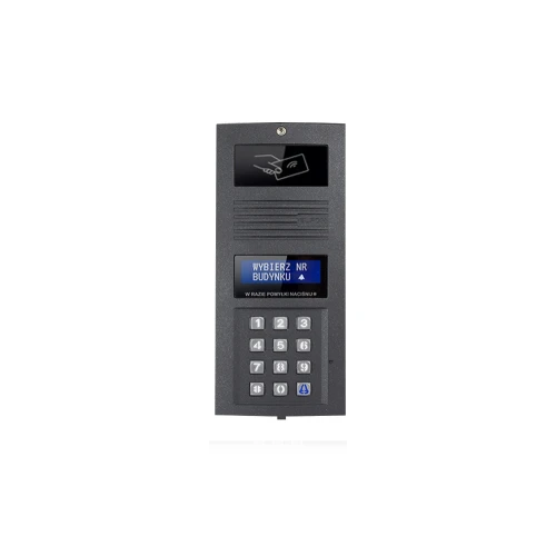 Na zdjęciu znajduje się panel domofonu z klawiaturą numeryczną i wyświetlaczem LCD. Panel ma ciemnoszary kolor i ikonę karty zbliżeniowej u góry.