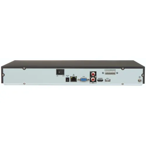 Panel tylny urządzenia elektronicznego z różnymi portami, w tym VGA, HDMI, USB oraz złączami audio. Widoczny jest również włącznik zasilania i gniazdo zasilania DC.