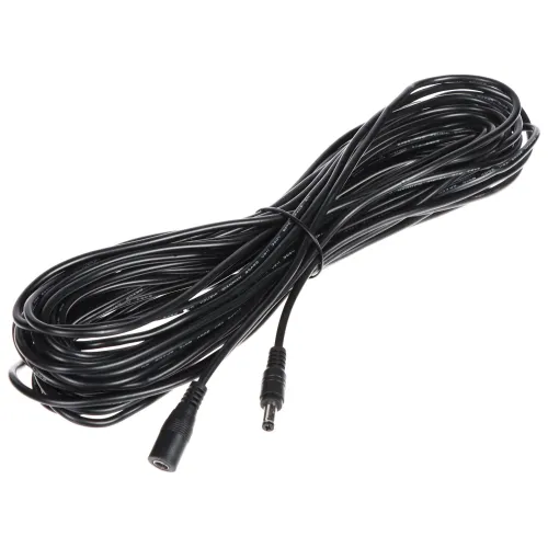 Czarny przedłużacz DC o długości 10 metrów, zwinięty w pętlę. Na jednym końcu znajduje się wtyk, a na drugim gniazdo.
