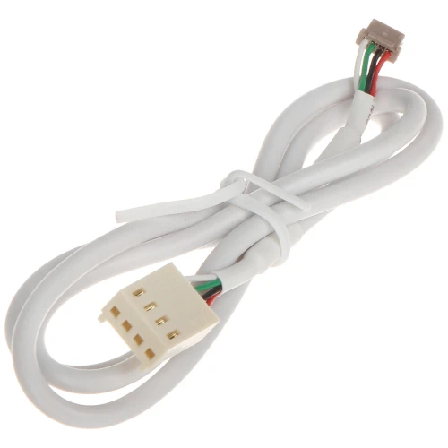 Zdjęcie przedstawia biały przewód komunikacyjny z dwoma różnymi złączami na końcach, jedno z nich to czteropinowe złącze. Przewód jest zwinięty i zabezpieczony plastikową opaską.