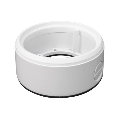 Biała, cylindryczna puszka montażowa do kamer z otworami na przewody i mocowania. Posiada gładką powierzchnię i jest przeznaczona do instalacji kamer monitoringu.