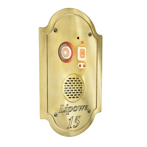 Złoty, jednoabonentowy panel domofonowy z podświetlanym przyciskiem i głośnikiem, ozdobiony napisem "Lipowa 15". Panel ma eleganckie, zaokrąglone krawędzie i klasyczny design.