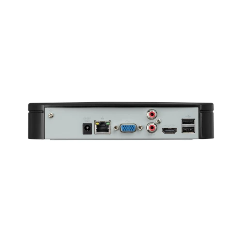 Rejestrator IP BCS-L-SNVR0801 z widocznymi portami: zasilania, Ethernet, VGA, HDMI, audio oraz USB. Obudowa w kolorze czarnym z szarym panelem tylnym.