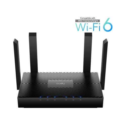 Czarny router Cudy WR3000 z czterema antenami, prezentowany na białym tle. Na górze widoczna jest informacja o kompatybilności z Wi-Fi 6.