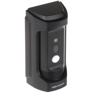 Czarny wideodomofon Hikvision DS-KB8113-IME1 z kamerą i przyciskiem dzwonka, zaprojektowany do montażu na ścianie. Urządzenie ma nowoczesny, elegancki design z logo Hikvision na dole.