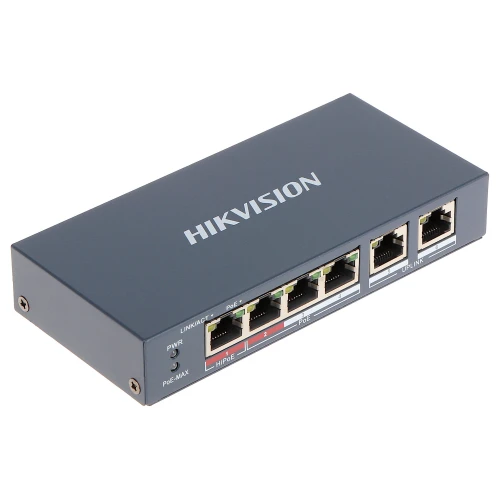 Czteropozycyjny switch PoE Hikvision DS-3E0106HP-E w kolorze szarym z portami Ethernet i wskaźnikami LED. Urządzenie posiada oznaczenia portów oraz logo producenta na górnej powierzchni.