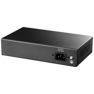 Czarny switch sieciowy z metalową obudową, widoczny od tyłu z gniazdem zasilania AC. Urządzenie ma prostokątny kształt i minimalistyczny design.