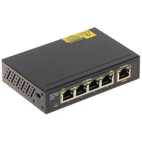 Na zdjęciu znajduje się czarny, metalowy switch PoE z pięcioma portami Ethernet, oznaczonymi jako 10/100Mbps. Urządzenie posiada również wskaźniki LED oraz otwory wentylacyjne po bokach.